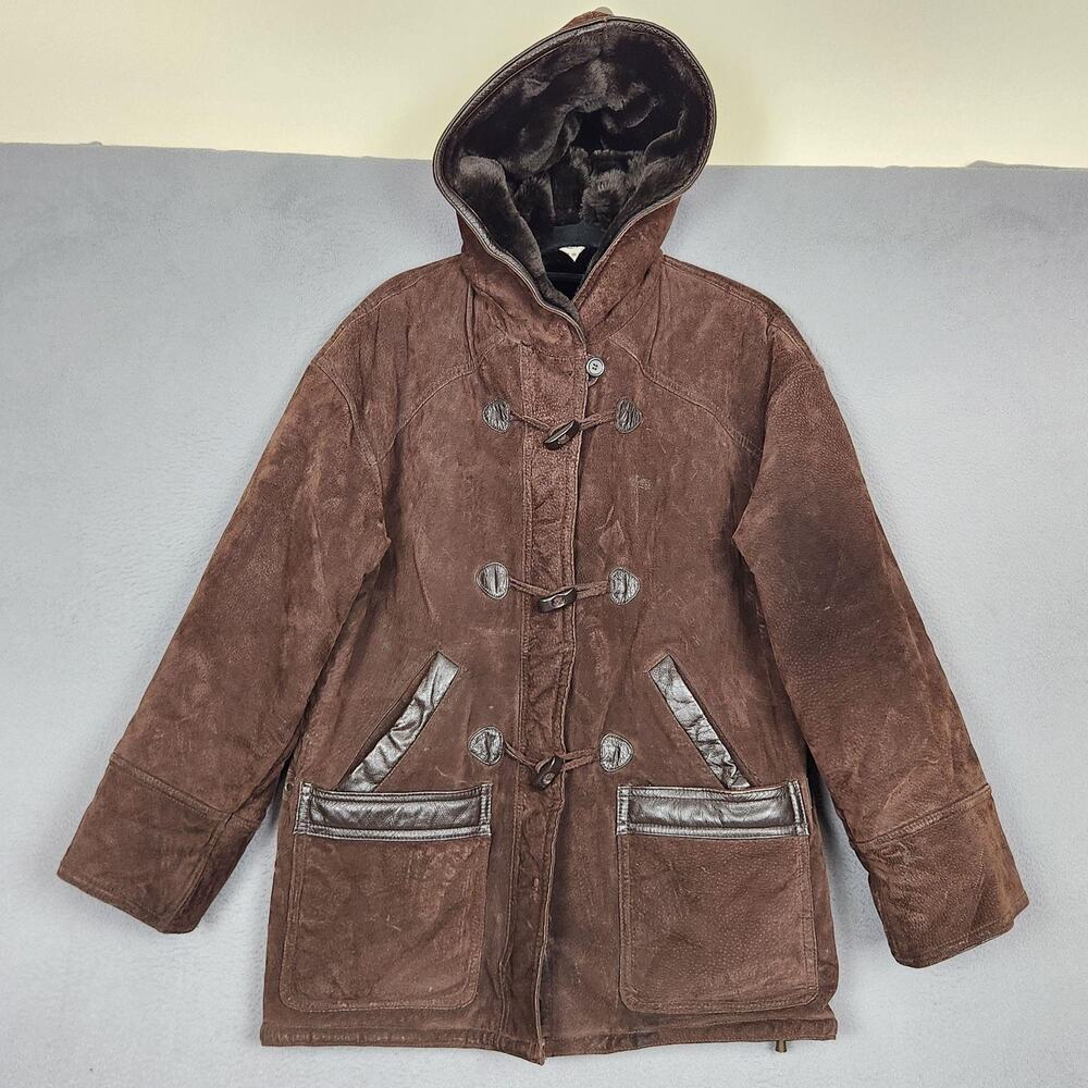 J Percy Marvin Richards Coat Womens Large Brown Leather Hooded Toggle